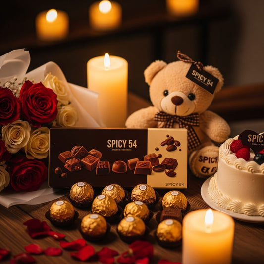 SPICY 54 Combo Gift Set with flowers, chocolates, cake, and teddy bear for romantic gifting